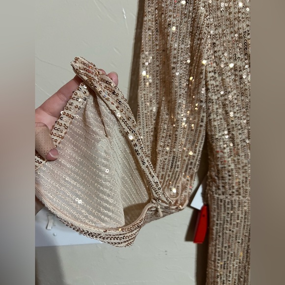 IEENA For Mac Duggal Rose Gold Sequin Knotted Long Sleeve Midi High Low Dress 0 - Picture 9 of 15